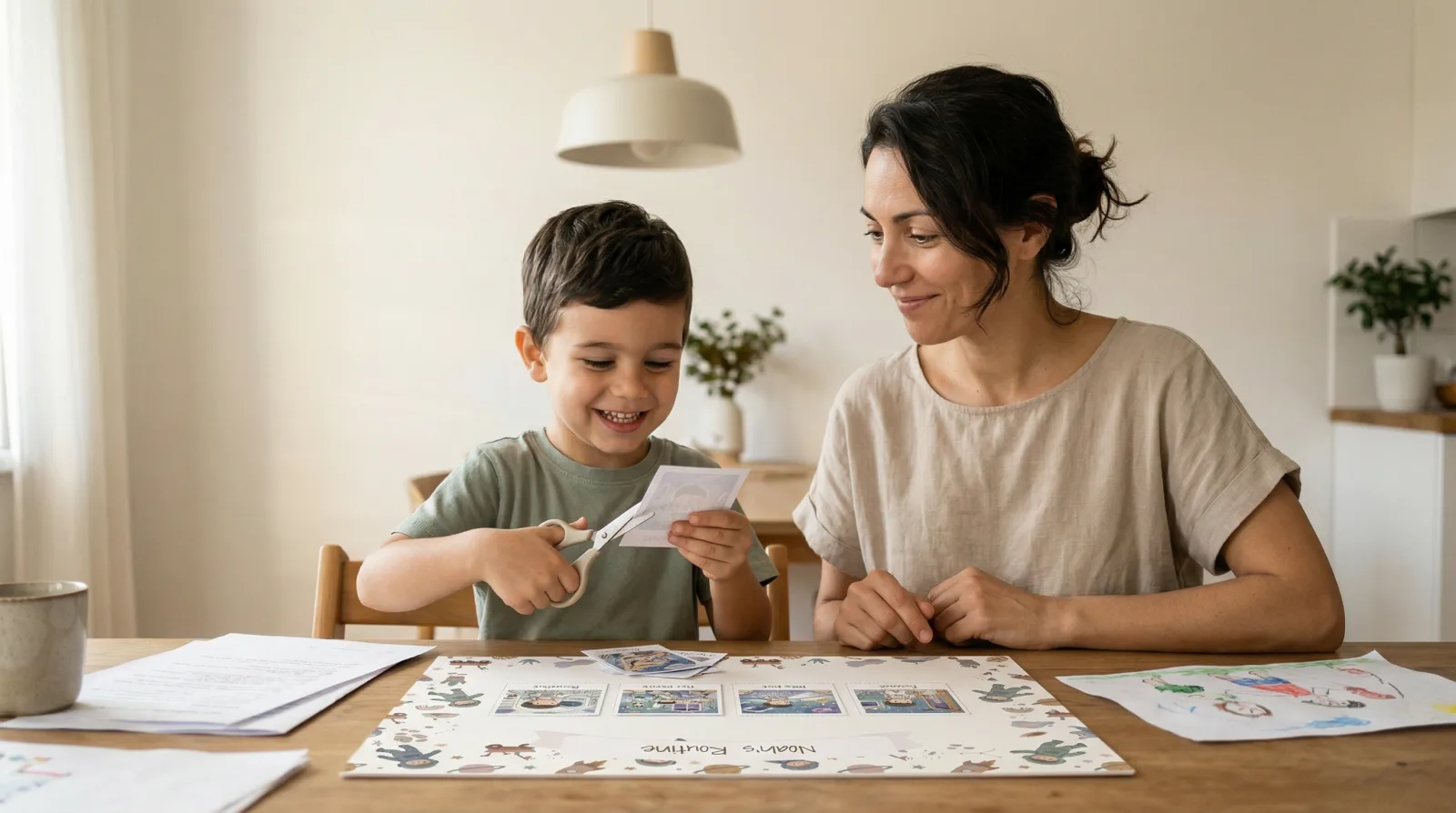 Mother and child cutting routine cards on a Scandinavian wooden floor